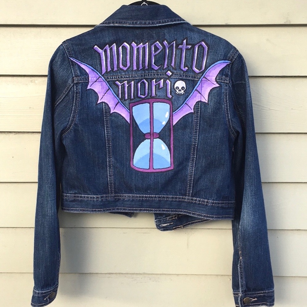 Momento Mori Winged Hourglass Hocus Pocus Cemetery Inspired Custom Jean Jacket - Picture 8 of 15